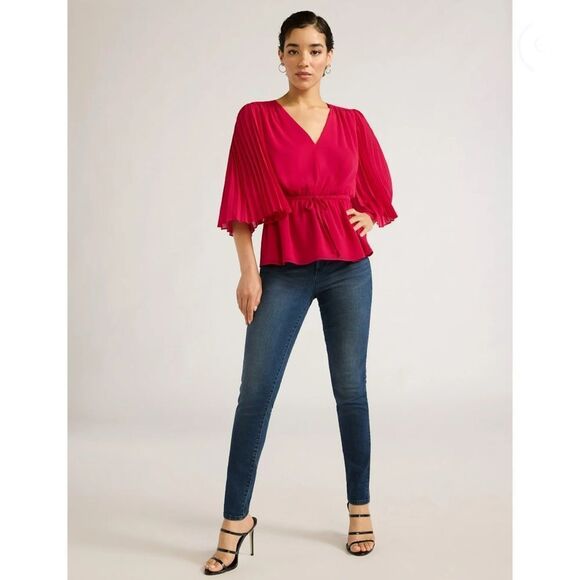 Sofia Jeans V-Neck Sheer Top with Pleated Sleeves Size M - Picture 7 of 9